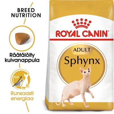 Royal Canin Sphynx Adult -kuivaruokapakkaus, näkyvissä sphynx-kissan kuva, tekstit: räätälöity kuivannappula, runsaasti energiaa, Breed Nutrition.