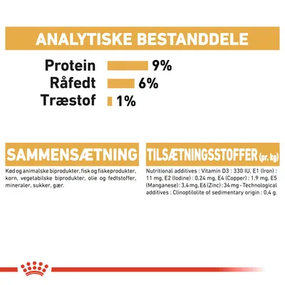 Analytiske bestanddele: protein 9 %, råfedt 6 %, træstof 1 %. Sammensætning: kød, fisk, korn, vegetabilske biprodukter, olie, mineraler, sukker, gær. Tilsætningsstoffer pr. kg angivet.