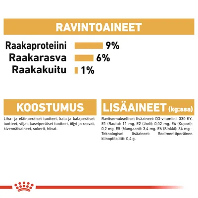 Ravintoaineet: raakaproteiini 9 %, raakarasva 6 %, raakakuitu 1 %. Koostumus: liha-, kala- ja kasvipohjaiset tuotteet, öljyt, kivennäisaineet. Lisäaineet: D3-vitamiini, rauta, jodi, kupari, mangaani, sinkki.