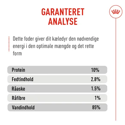 Garanteret analyse: Protein 10%, fedtindhold 2,8%, råaske 1,5%, råfibre 1%, vandindhold 85%. Garanteret analyse: Protein 10%, fedtindhold 2,8%, råaske 1,5%, råfibre 1%, vandindhold 85%.