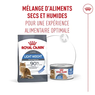 Royal Canin Care Light Weight aliments secs et humides, mélange pour une expérience nutritionnelle optimale, 90 % des chats atteignent un poids sain en 8 semaines. Royal Canin Care Light Weight aliments secs et humides, mélange pour une expérience nutritionnelle optimale, 90 % des chats atteignent un poids sain en 8 semaines.