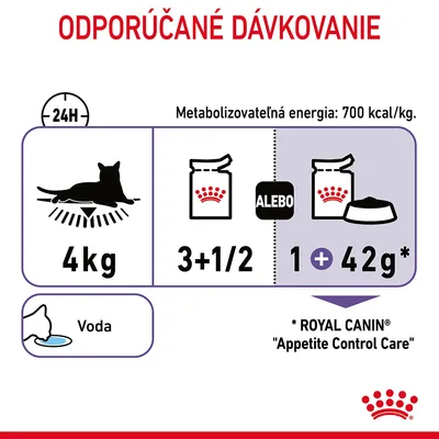 Odporúčané dávkovanie pre mačku 4 kg: 3 a pol kapsičky alebo 1 kapsička plus 42 g granúl Royal Canin Appetite Control Care. Metabolizovateľná energia: 700 kcal/kg. Voda.