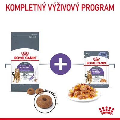 Royal Canin Appetite Control Care pre mačky – balenie suchého a mokrého krmiva, detail granúl a porcia na tanieri. Text: Kompletný výživový program.