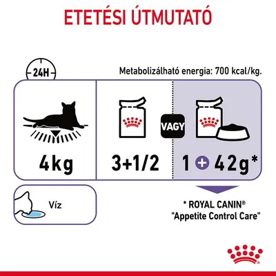 Etetési útmutató: 4 kg-os macska napi adagja, 3 és fél tasak vagy 1 tasak + 42 g száraztáp. Metabolizálható energia: 700 kcal/kg. Víz biztosítása szükséges.