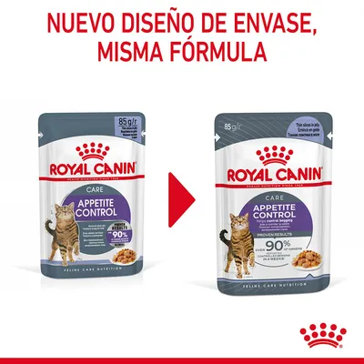 Royal Canin Appetite Control Care para gatos, muestra cambio de diseño de envase con el texto: 'Nuevo diseño de envase, misma fórmula'. Ambos sobres de 85 g visibles.