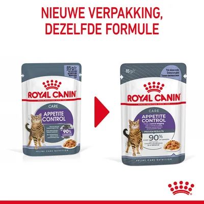 Royal Canin Care Appetite Control kattenvoer 85g, nieuwe verpakking naast oude. Tekst: 'Nieuwe verpakking, dezelfde formule'.