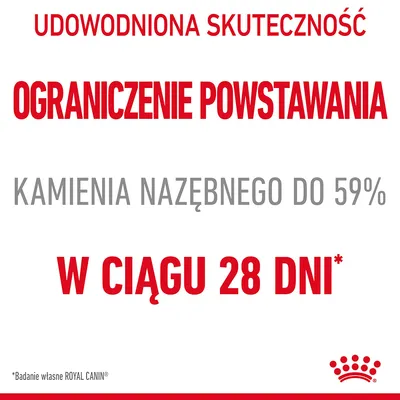 Udowodniona skuteczność: ograniczenie powstawania kamienia nazębnego do 59% w ciągu 28 dni. Badanie własne ROYAL CANIN.