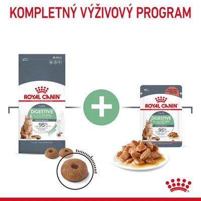 Royal Canin Digestive Care pre mačky: balenie suchého krmiva, kapsička s mokrým krmivom a miska s kúskami v omáčke. Text: Kompletný výživový program, 95 % kvalita stolice do 10 dní.