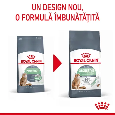 Royal Canin Care Digestive pentru pisici, două ambalaje diferite. Text vizibil: Un design nou, o formulă îmbunătățită. Pe ambalaj: Digestive, proven results, 95% stool quality in 10 days.