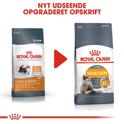 To poser Royal Canin Hair & Skin kattefoder, før og efter designændring. Tekst øverst: 'NYT UDSEENDE OPGRADERET OPSKRIFT'. Begge poser viser mærket og produktnavnet tydeligt.