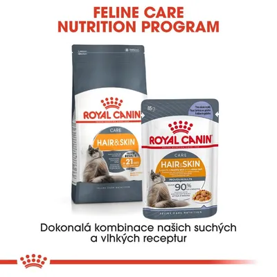 ROYAL CANIN CARE HAIR & SKIN suché a vlhké krmivo pro kočky, balení 85 g a větší. Text: Dokonalá kombinace našich suchých a vlhkých receptur.