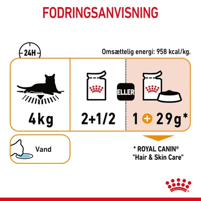 Fodringsanvisning for kat på 4 kg: 2½ dåser eller 1 dåse plus 29 g tørfoder. Omsættelig energi: 958 kcal/kg. Vand anbefales. Royal Canin Hair & Skin Care.