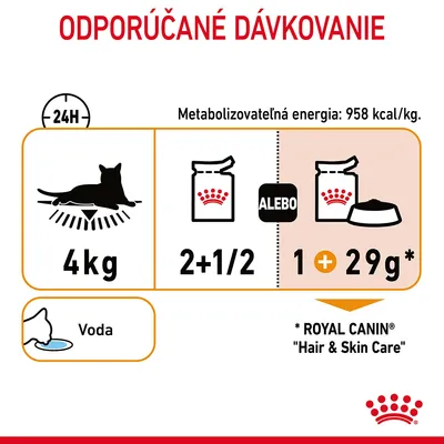 Odporúčané dávkovanie pre 4 kg mačku: 2 a pol kapsičky alebo 1 kapsička plus 29 g granúl Royal Canin Hair & Skin Care. Metabolizovateľná energia 958 kcal/kg. Voda.