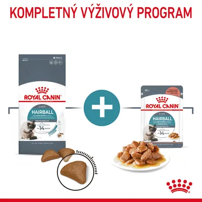 Royal Canin Hairball Care suché a mokré krmivo pre mačky, balenie granúl a kapsička s kúskami v omáčke, text: Kompletný výživový program