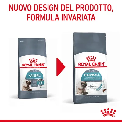Nuovo design del prodotto, formula invariata. Due confezioni di Royal Canin Care Hairball per gatti mostrate con freccia tra vecchio e nuovo packaging.