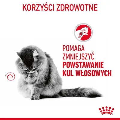 Korzyści zdrowotne. Pomaga zmniejszyć powstawanie kul włosowych. Obraz kota i czerwone logo z sylwetką kota. Royal Canin.