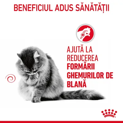 Beneficiul adus sănătății. Ajută la reducerea formării ghemurilor de blană. Imagine cu o pisică și simbol grafic. Text vizibil în limba română.