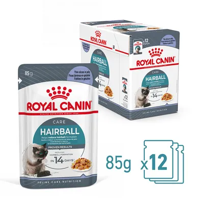 Royal Canin Care Hairball kattenvoer, 12 zakjes van 85g. Tekst op verpakking: 'Helpt haarbalvorming verminderen in 14 dagen', afbeelding kat en voer in gelei.
