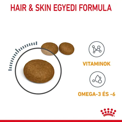 HAIR & SKIN EGYEDI FORMULA, vitaminok, omega-3 és -6; három barna táp szemcse nagyítva, Royal Canin márkajelzés