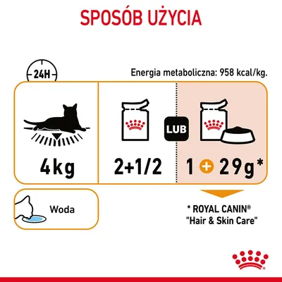 Sposób użycia: kot 4 kg, dzienna porcja 2,5 saszetki lub 1 saszetka i 29 g karmy Royal Canin Hair & Skin Care. Energia metaboliczna: 958 kcal/kg. Woda do picia.
