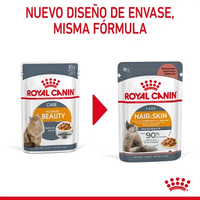 Comparación de envases Royal Canin Care para gatos: a la izquierda 'Intense Beauty', a la derecha nuevo diseño 'Hair & Skin'. Texto superior: 'Nuevo diseño de envase, misma fórmula'.