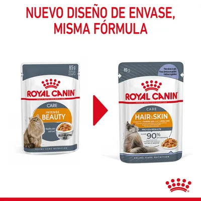 Comparación de envases Royal Canin Care para gatos: a la izquierda 'Intense Beauty', a la derecha nuevo diseño 'Hair & Skin'. Texto superior: 'Nuevo diseño de envase, misma fórmula'.