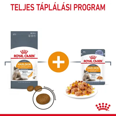 Royal Canin Hair & Skin száraz és nedves macskaeledel csomag, 90% elégedettségi eredmény felirattal, tálban eledel, TELJES TÁPLÁLÁSI PROGRAM szöveg fent.