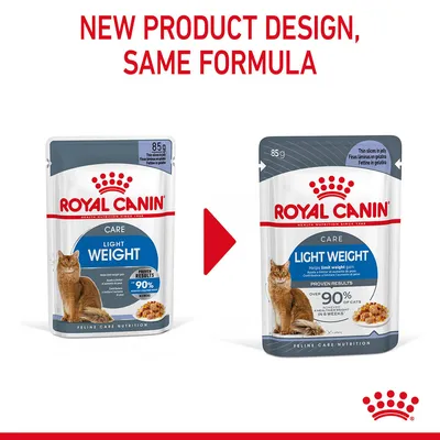Image shows Royal Canin Light Weight Care 85g pouch with new packaging design, same formula. Proven results: over 90% of cats achieved or maintained healthy weight in 8 weeks.