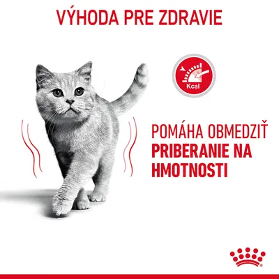 Výhoda pre zdravie. Pomáha obmedziť priberanie na hmotnosti. Ikona s nápisom Kcal a obrázok mačky. Text v slovenčine.