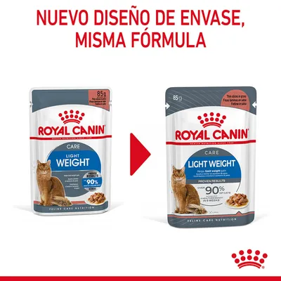 Royal Canin Light Weight Care 85 g para gatos. Imagen comparativa de antiguo y nuevo diseño de envase, texto: 'Nuevo diseño de envase, misma fórmula'.
