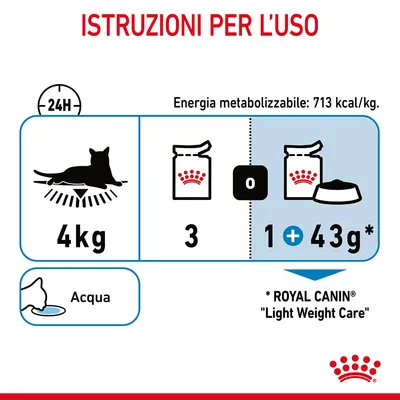 Istruzioni per l’uso: gatto 4 kg, 3 buste al giorno oppure 1 busta più 43 g di crocchette. Energia metabolizzabile: 713 kcal/kg. Acqua sempre disponibile. Royal Canin Light Weight Care.