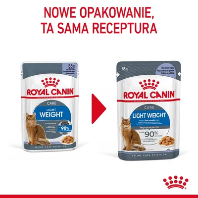 Porównanie starych i nowych opakowań karmy Royal Canin Light Weight Care dla kotów, 85 g. Widoczny napis: Nowe opakowanie, ta sama receptura.