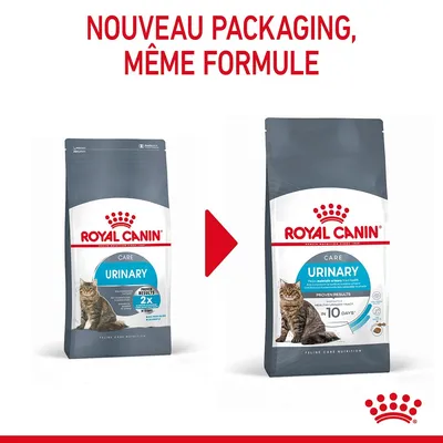 ROYAL CANIN Care Urinary pour chats, ancien et nouveau packaging côte à côte. Texte en haut : 'NOUVEAU PACKAGING, MÊME FORMULE'. Visuel des deux sachets avec chat visible.