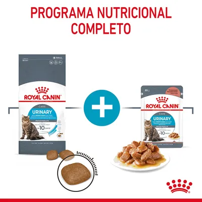 ROYAL CANIN URINARY Care para gatos, saco de pienso y sobre húmedo, croquetas y trozos en salsa. Texto: PROGRAMA NUTRICIONAL COMPLETO.