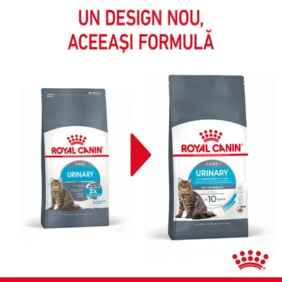 Royal Canin Care Urinary pentru pisici, imagine cu vechiul și noul ambalaj. Text: Un design nou, aceeași formulă.