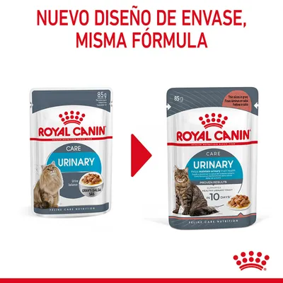 Royal Canin Urinary Care para gatos, 85 g. Imagen comparativa de antiguo y nuevo envase con texto: 'Nuevo diseño de envase, misma fórmula'.