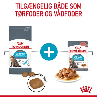 Royal Canin Urinary Care kattefoder, synlige poser med tør- og vådfoder samt tekst: Tilgængelig både som tørfoder og vådfoder. Billede af foderpiller og vådfoder på tallerken.