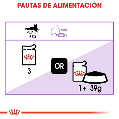 Pautas de alimentación para gato de 4 kg: 3 sobres o 1 sobre más 39 g de pienso. Incluye icono de agua y marca Royal Canin visible en los sobres.