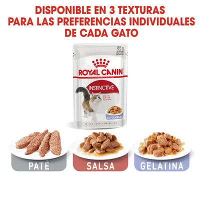 Royal Canin Instinctive disponible en 3 texturas: paté, salsa y gelatina. Texto: Disponible en 3 texturas para las preferencias individuales de cada gato. Envase de 85 g visible.