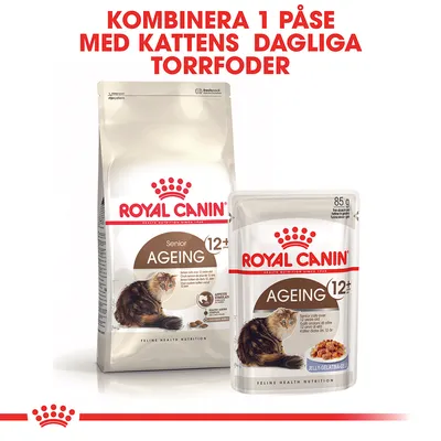 Royal Canin Senior Ageing 12+ kattmat, en påse och en torrfoderpåse. Text: Kombinera 1 påse med kattens dagliga torrfoder.