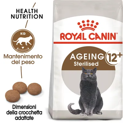 Royal Canin Ageing 12+ Sterilised, mantenimento del peso, dimensioni della crocchetta adattate, immagine di un gatto grigio e tre crocchette tonde visibili.