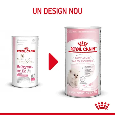 Royal Canin Babycat Milk – imagine comparativă cu vechiul și noul design al ambalajului, text vizibil: 'UN DESIGN NOU', greutate netă 300 g, pentru pisoi 0–2 luni.