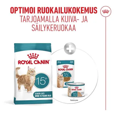 Royal Canin 15+ Senior-kissoille, kuiva- ja märkäruoka, pakkauksissa kuvattuna kissa, teksti: 'YLI 15-VUOTIAILLE', 85 g pussi ja tölkki näkyvissä. Royal Canin 15+ Senior-kissoille, kuiva- ja märkäruoka, pakkauksissa kuvattuna kissa, teksti: 'YLI 15-VUOTIAILLE', 85 g pussi ja tölkki näkyvissä.