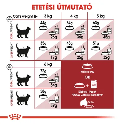 Etetési útmutató macskák testsúlyához: 3–6 kg, ideális és túlsúlyos súlyra külön gramm adagok száraz és nedves eledelhez. Royal Canin Instinctive táp kombináció javasolt.