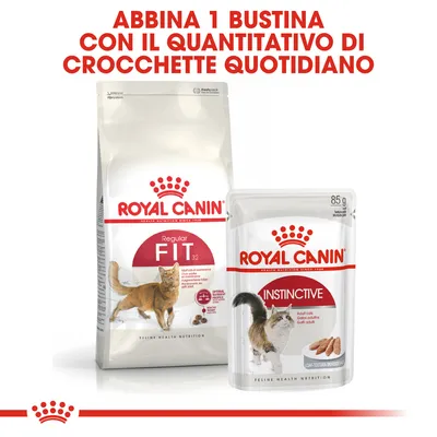 ROYAL CANIN Regular Fit 32 e Instinctive, sacco di crocchette e bustina da 85 g per gatti. Testo: Abbina 1 bustina con il quantitativo di crocchette quotidiano.