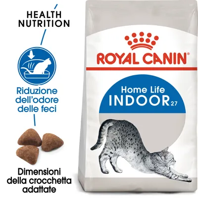Royal Canin Home Life Indoor 27, riduzione dell’odore delle feci, dimensioni della crocchetta adattate, immagine di gatto e crocchette visibili sulla confezione.