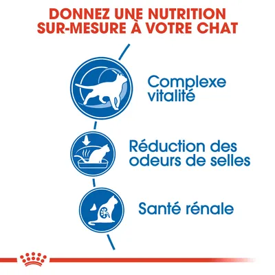 Donnez une nutrition sur-mesure à votre chat : complexe vitalité, réduction des odeurs de selles, santé rénale. Texte en français belge.