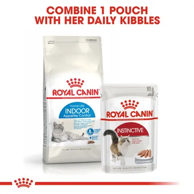 ROYAL CANIN Home Life Indoor Appetite Control dry food bag and ROYAL CANIN Instinctive Adult Cat 85g pouch. Text above: Combine 1 pouch with her daily kibbles.