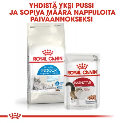 Royal Canin Home Life Indoor Appetite Control -kuivaruoka ja Royal Canin Instinctive 85 g märkäruokapussi. Teksti: Yhdistä yksi pussi ja sopiva määrä nappuloita päiväannokseksi.