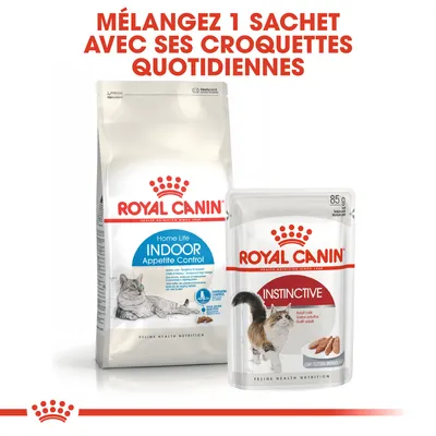 Mélangez 1 sachet avec ses croquettes quotidiennes. Paquet Royal Canin Home Life Indoor Appetite Control et sachet Royal Canin Instinctive 85 g visibles.